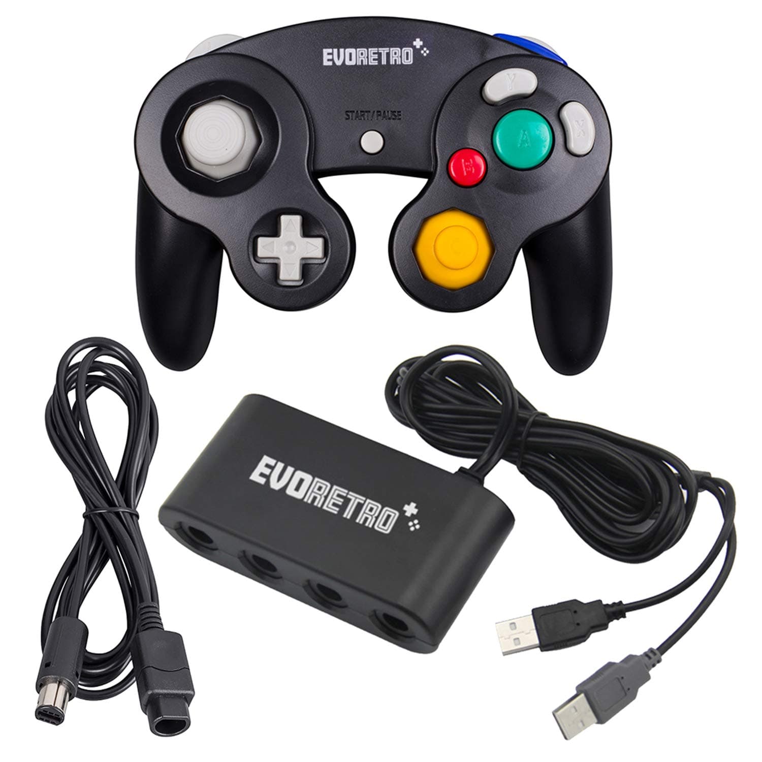 EVORETRO Black Controller and Adapter and for Gamecube compatible for Nintendo Switch – Ideal Bundle for Smash Bros Compatible also for PC Wii and Wii U