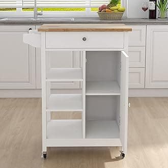 LUMISOL Small Rolling Kitchen Cart on Wheels with Storage, Kitchen Island Side Table with 3 Open Shelves & Towel Rack, Portable Island with Rubber Wood Table Top, White