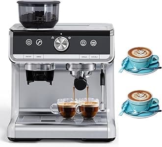 10 Cup Coffee Maker with Adjustable Coarseness Grinder, 20 Bar Coffee Maker with Milk Frother Steam Wand, 95 Ounces Water Tank Coffee Machine for Latte, Cappuccino, 2 Cups at Once, Silver