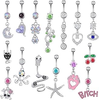 TAMHOO 15PCS 14G Stainless Steel Belly Button Rings for Women with AAA Cubic Zirconia