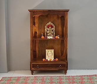 JB Art Sheesham Wood Pooja Mandir Stand for Home - Wooden Wall Devghar Temple for Home - Wall Mount Hanging Pooja Unit for Shop/Office (Provincial Teak Finish)