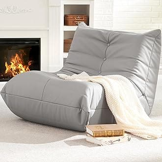 Giant Bean Bag Chair Lazy Floor Sofa, Memory Foam Fireside Sofa for Adults, Big Beanbag Faux Leather Armless Chair for Living Room Bedroom Dorm Office (Light Grey, Single)