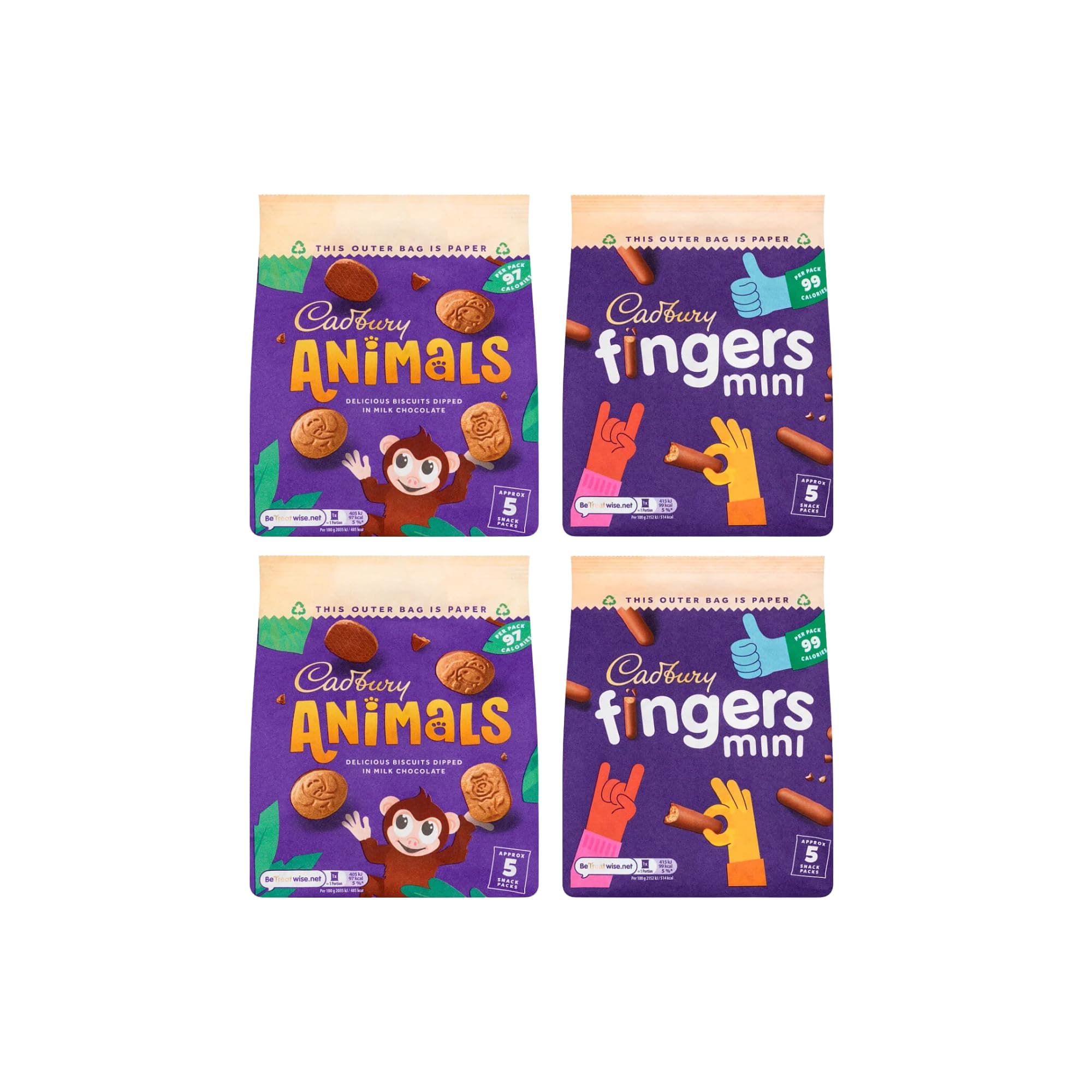Cadburys Animals And Fingers Mini Biscuits Multipack Bundle - x2 Mini Animals Biscuits (x5 19.9g In Each) And x2 Mini Finger Biscuit (x5 19.3g In Each)