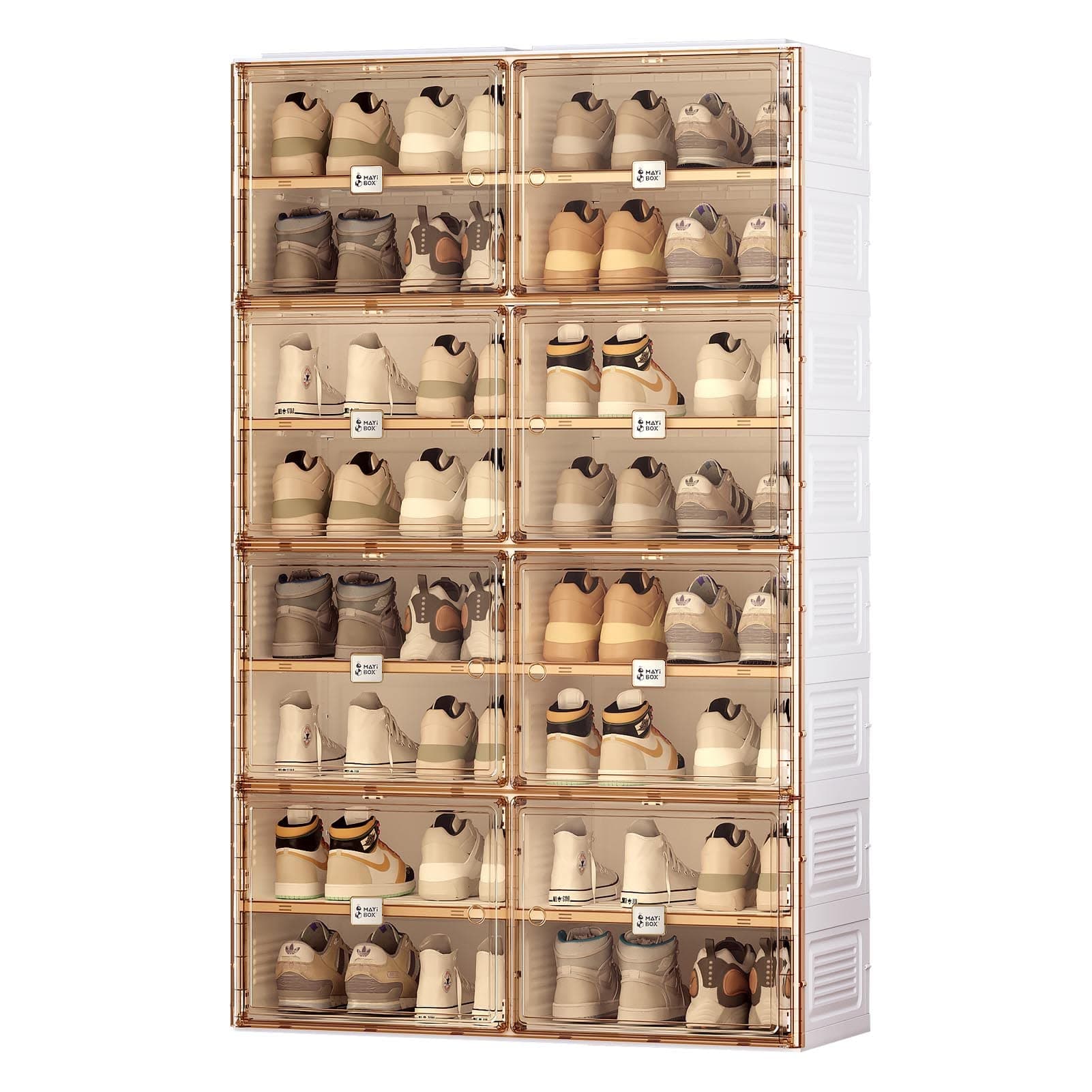 Portable Shoe Rack Organizer for Closet Entryway, Stackable Sneaker Storage Shoe Cabinet with Magnetic Clear Door, Large Plastic Storage containers Bins with Lids 8 Tiers 32 Pairs