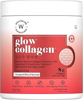 - Glow Collagen with Glutathione|Collagen Supplements Marine Collagen Powder with SkinAx², Resveratrol, Bromelain & Goji Berry|250g - Tropical Bliss Flavor, 1 count, 25 servings