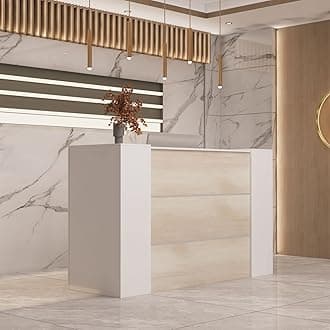 FAMAPY Front Desk Reception Counter with 2 Lockers & Adjustable Shelves, Retail Counter, 47.2' Desktop, for Salon Lobby Reception Room - White and Oak (70.9'W x 23.7'D x 43.1'H)