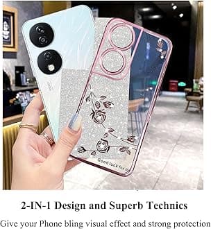Phone Case for Honor X7b Clear Glitter Floral, Cute Slim for Honor X7b Case Silicone Shockproof Protective Women Girls Cover Sparkle Aesthetic (Pink-Silver)