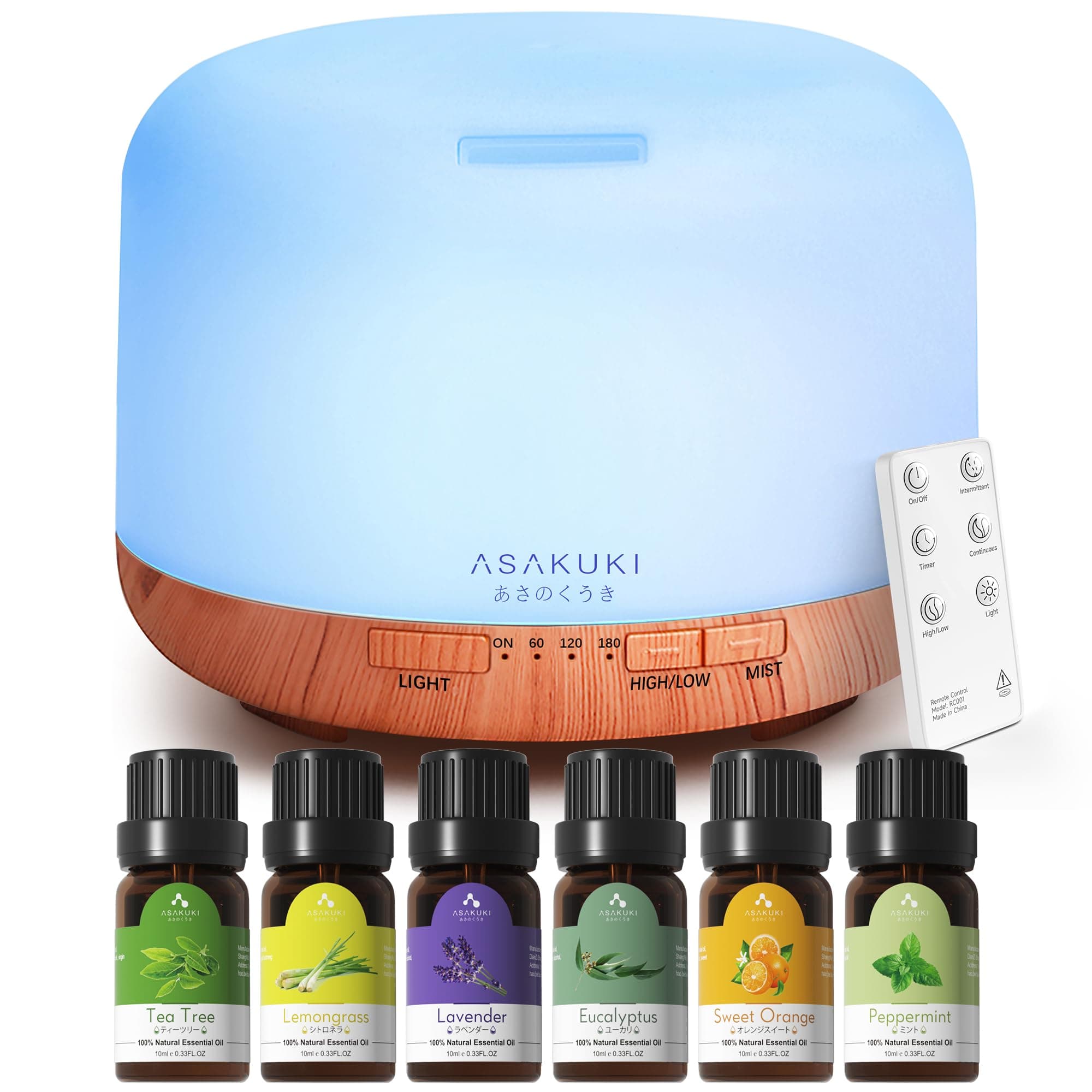 Oil Diffuser with Essential Oils Set, 500ml Aromatherapy Humidifier with 14 LED Colors & Auto Shut-Off - 6 Oil Gift Pack(Lavender Eucalyptus Tea Tree Orange Peppermint Lemongrass)