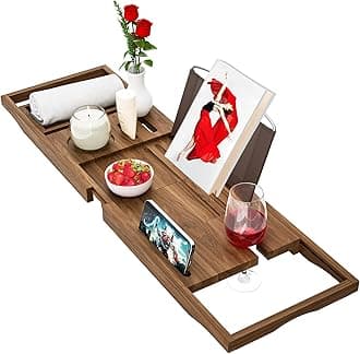Premium Teak Bathtub Tray Caddy, Wooden Bath Caddy Trays for Bathtub, Bath Tub Wood Tray Table for Tub,Expandable Size, Fits Most Bath Tubs