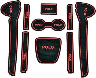 The Mat Store® | Door Cup Mats for Volkswagen Polo, Premium Sporty Interior Car Accessories, Custom Fit Set of 9 Pieces (Red Trim)