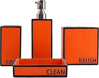 Hymmah Bathroom Accessories Set,Toothbrush Holder,Farmhouse Bathroom Decor,4 Pcs Resin Gift Set Apartment Necessities, Contain Toothbrush Cup,Soap Dispenser,Soap Dish,Tumbler Orange
