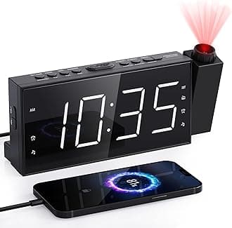 Mesqool Projection Alarm Clock for Bedroom - AM FM Radio & Sleep Timer, 180° Projector, 7" Large Digital LED Display&Dimmer, Dual Alarms, USB Charger, Battery Backup Desk Wall Ceiling Plug -in Clock