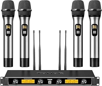 TONOR Wireless Microphone System with 4 x 5 Wireless Metal Channels, 4 Antennas for a UHF Range of 90 m, Mic with Stable Signal Transmission for Singing, Party, Church, Karaoke, Silver