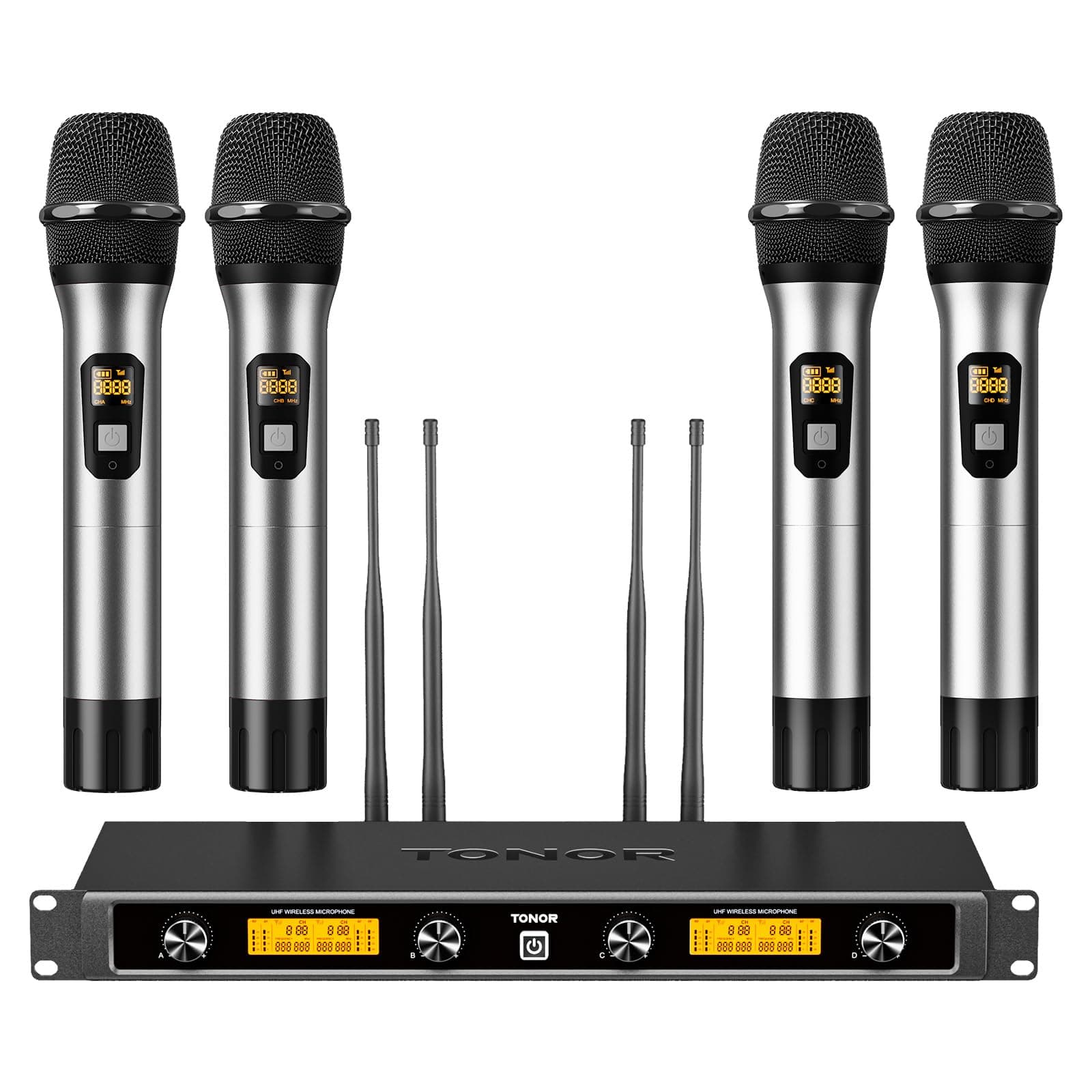 TONOR Wireless Microphone System with 4 x 5 Wireless Metal Channels, 4 Antennas for a UHF Range of 90 m, Mic with Stable Signal Transmission for Singing, Party, Church, Karaoke, Silver