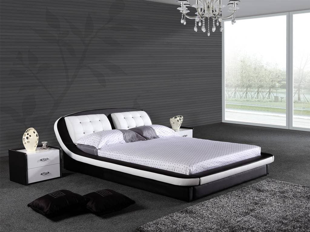Cozy Bed, Upholstered Platform Bed Frame, Easy Assembly, No Box Spring Needed, King Size, Color Black and White Bed