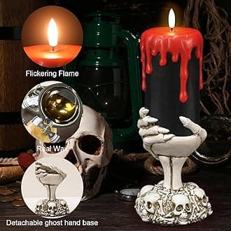 Blood Dripping Black LED Pillar Candles with 6H Timer, Battery Operated Halloween Flameless Candles with Skull Hand Candle Holder, Horror Spooky Lamp Indoor Table Centerpiece