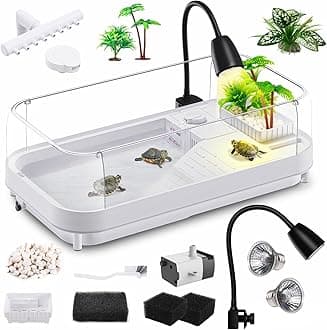 Large Turtle Tank Kit (Tank+Lamp+Filter), Acrylic Turtle Tank Starter Kit with Heightened and Curved Fences, Bottom Drainage, Multi-Function Areas (Black Lamp)