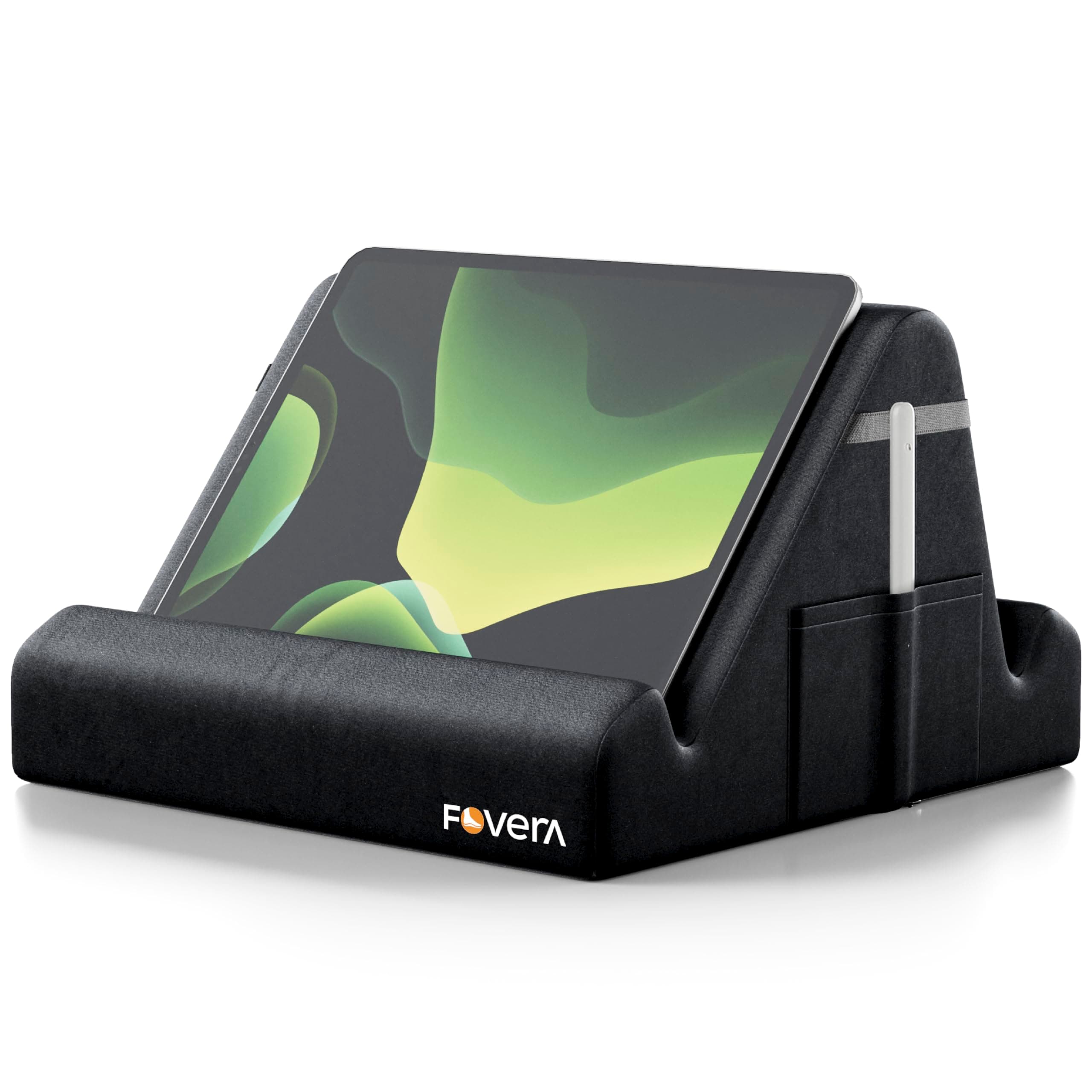 FOVERA Tablet Pillow Stand | Soft Multi-Angle Lap Stand for 7-13” Tablets & Phones | Hands-Free Tablet Stand for Bed, Sofa & Travel | Lightweight, Portable with Side Pockets (Black)