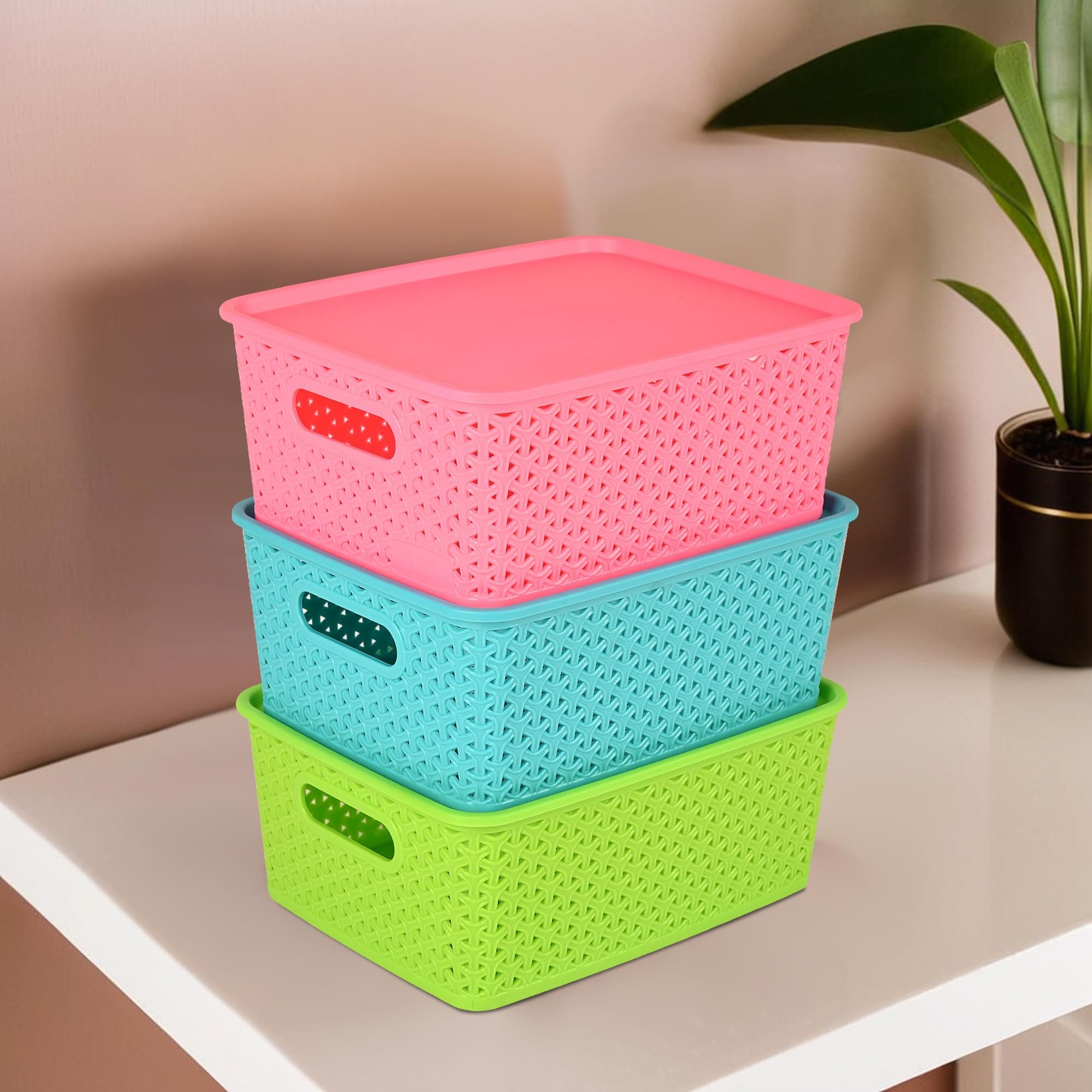 3 Pcs Stackable Plastic Storage Box with Lid | H3 Multi-Purpose Basket for Storage - Ideal Home Organizers for Baby Dress, Stationary, Medicine & Pooja Items | Multicolor