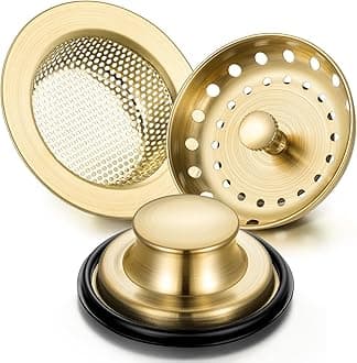 3 Pcs Kitchen Sink Drain Strainer and Stopper Stainless Steel Garbage Disposal Plug with Handle Universal Anti-Clogging Kitchen Sink Filter Sieve Basket Strainer(Brushed Gold)