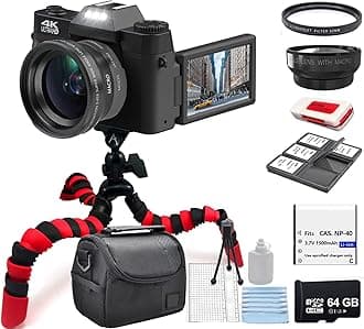 Acuvar 4K 48MP Digital Camera Kit for Photography, Vlogging Camera for YouTube with Flip Screen, WiFi, Wide Angle & Macro Lens, 64GB Micro SD Card, 12" Flexible Tripod, Carrying Case, Card Reader