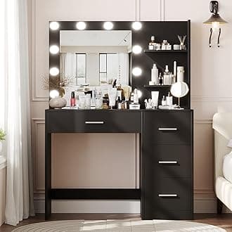 Rovaurx Makeup Vanity Table with Lighted Mirror, Makeup Vanity Desk with Storage Shelf and 4 Drawers, Bedroom Dressing Table, 10 LED Lights, Black