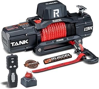 RUGCEL WINCH 13500lb New Waterproof Electric Synthetic Rope Winch 12V with Hawse Fairlead,2 in 1 Infrared Remote Control,Wired Control,Red Rope,for Truck SUV