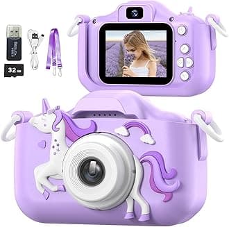 Kids Camera Toys for 3-12 Years Old Children Boys Girls,HD Digital Video Camera with Protective Silicone Cover,Christmas Birthday Gifts with 32GB SD Card (Unicorn-Purple)
