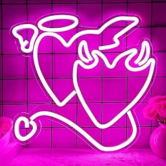Angel Devil Neon Signs Pink Heart Led Sign for Bedroom 14''x13’’ Acrylic Love...