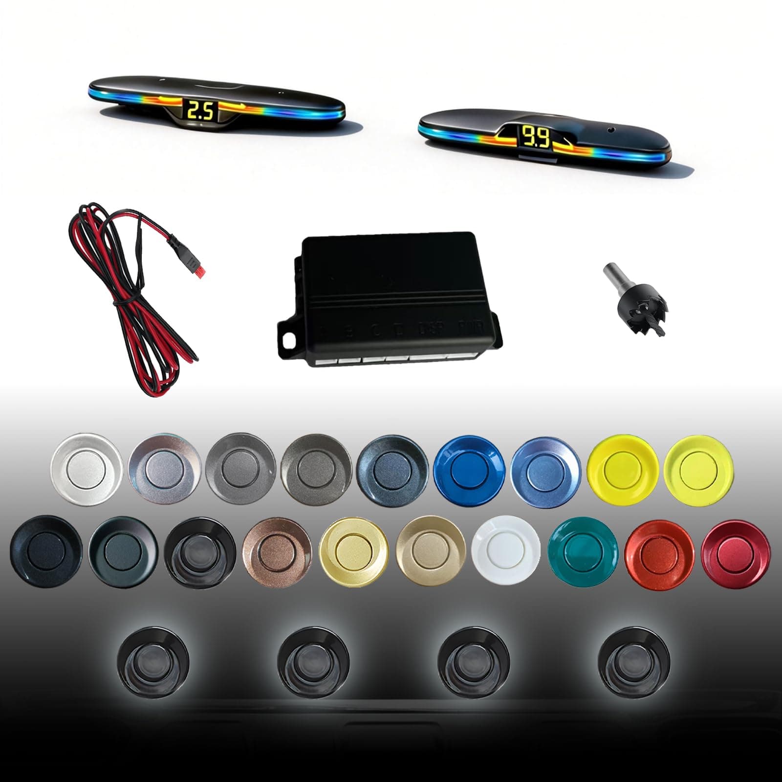 New Feature Rear Parking Sensor with Selectable Distance in Feet, Bidirectional Display Options, and Customizable Numeric Orientation 19 Colors Sensor of Probes are Available for Selection(Black)