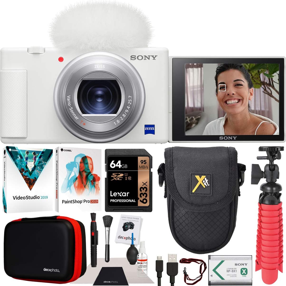 ZV-1 Compact Digital Vlogging 4K Camera for Creators & Vloggers DCZV1/W | Official Sony USA Partner Model | Bundle with Deco Gear Case + Software Kit + 64GB Card + Compact Tripod/Grip & More