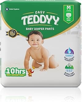 - TEDDYY Easy Baby M Size Diaper Pant Style | 74 Count (Medium) | 7–12 kg (Pack of 1) | Long Protection Hours | Anti-Bacterial | Airy Breathable Fit | Rapid Soaker Channels with Wetness Indicator