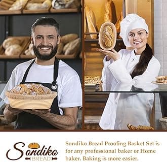 Sondiko 10 Inch Oval Bread Proofing Basket, Handmade Banneton Bread Proofing Basket Brotform with Bread Lame, Dough Scraper, Proofing Cloth Liner for Sourdough Bread, Baking