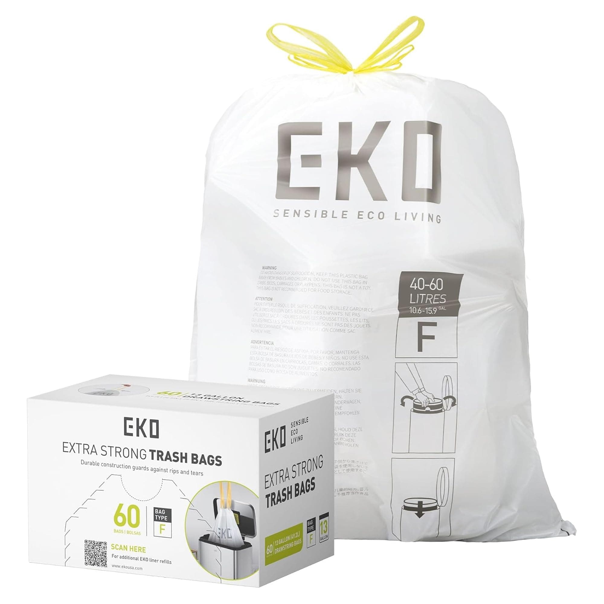 Easy-Dispense Roll of 60 Count Extra-Strong Drawstring Kitchen Trash Bags - 13 Gallon (40L-60L) 60 pack, White (EK33706B)