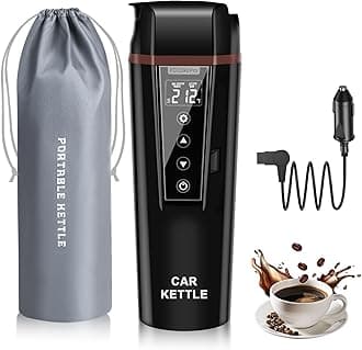 Car Electric Kettle:12/24V Portable Travel Heated Cup,Multiple Temperature Adjustable Truck Boiling Mug with 304 Stainless Steel,Flip-Top Design & Anti-Dry Burn Protection (Black, 400ML)