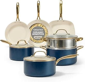 Gotham Steel 12 Pc Ceramic Pots and Pans Set Non Stick, Kitchen Cookware Sets, Pot and Pan Set, Ceramic Cookware Set, Non Toxic Cookware Set, Non Stick Pots and Pan Set, Dishwasher Safe - Cream Navy…