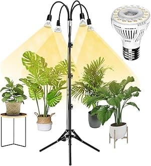 SANSI 660W Equivalent Grow Lights for Indoor Plants, 40W Full Spectrum with 21-55 inches Detachable Tripod Stand, High PPFD Growing Lamp, Non-Dimmable with 4 Pack 10W Grow Bulb