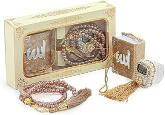 ihvan online Mini Velvet Quran Set with Islamic Finger Counter, Portable Digital Tasbeeh, Muslim Prayer Beads, Pearl Zikirmatic Beads, 3 Pieces Gift Set for Mevlüt (Gold)