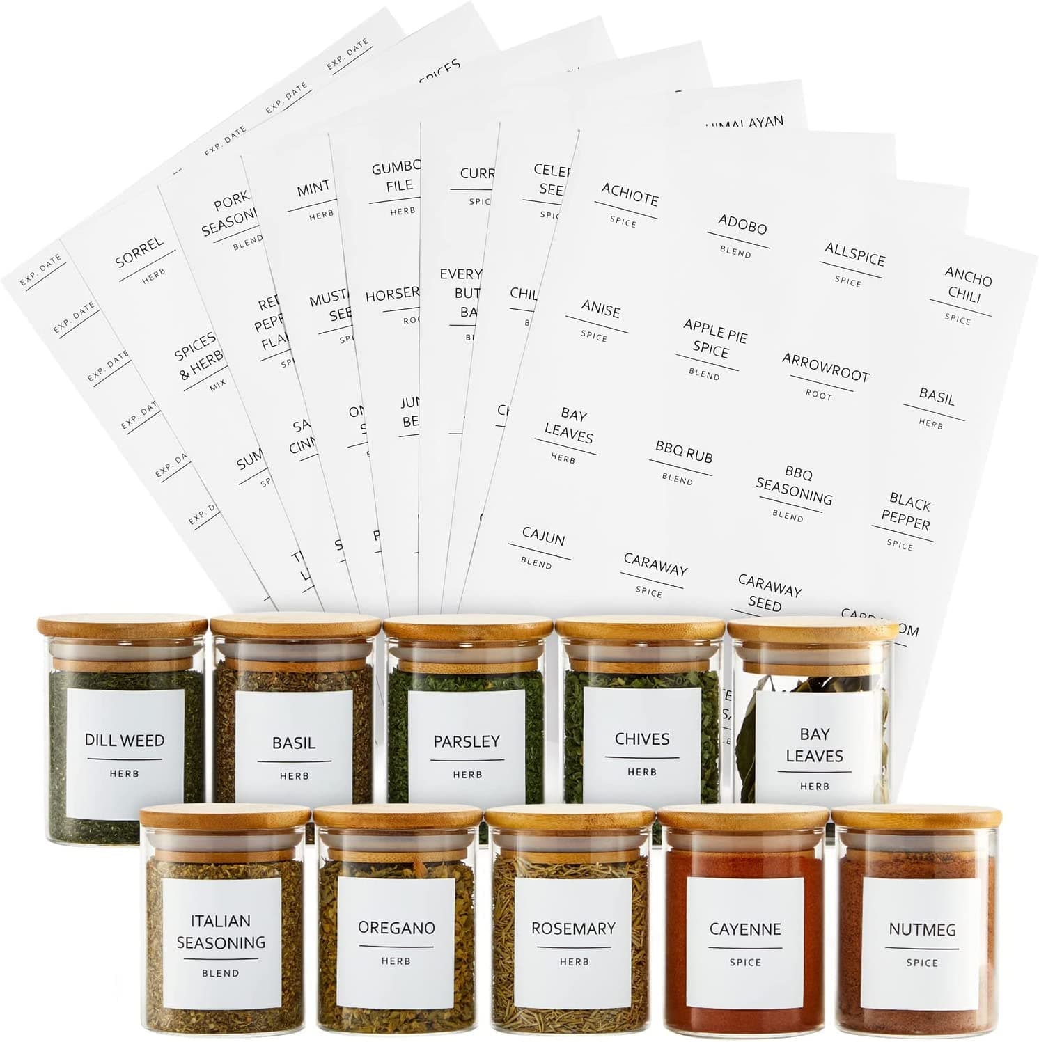 110 Spice Jar Labels | 72 Preprinted White Labels, 20 Empty Labels & 18 Date Labels | Water Resistant Spice Stickers Labels. Kitchen Seasoning, Herb & Spice Rack Organization