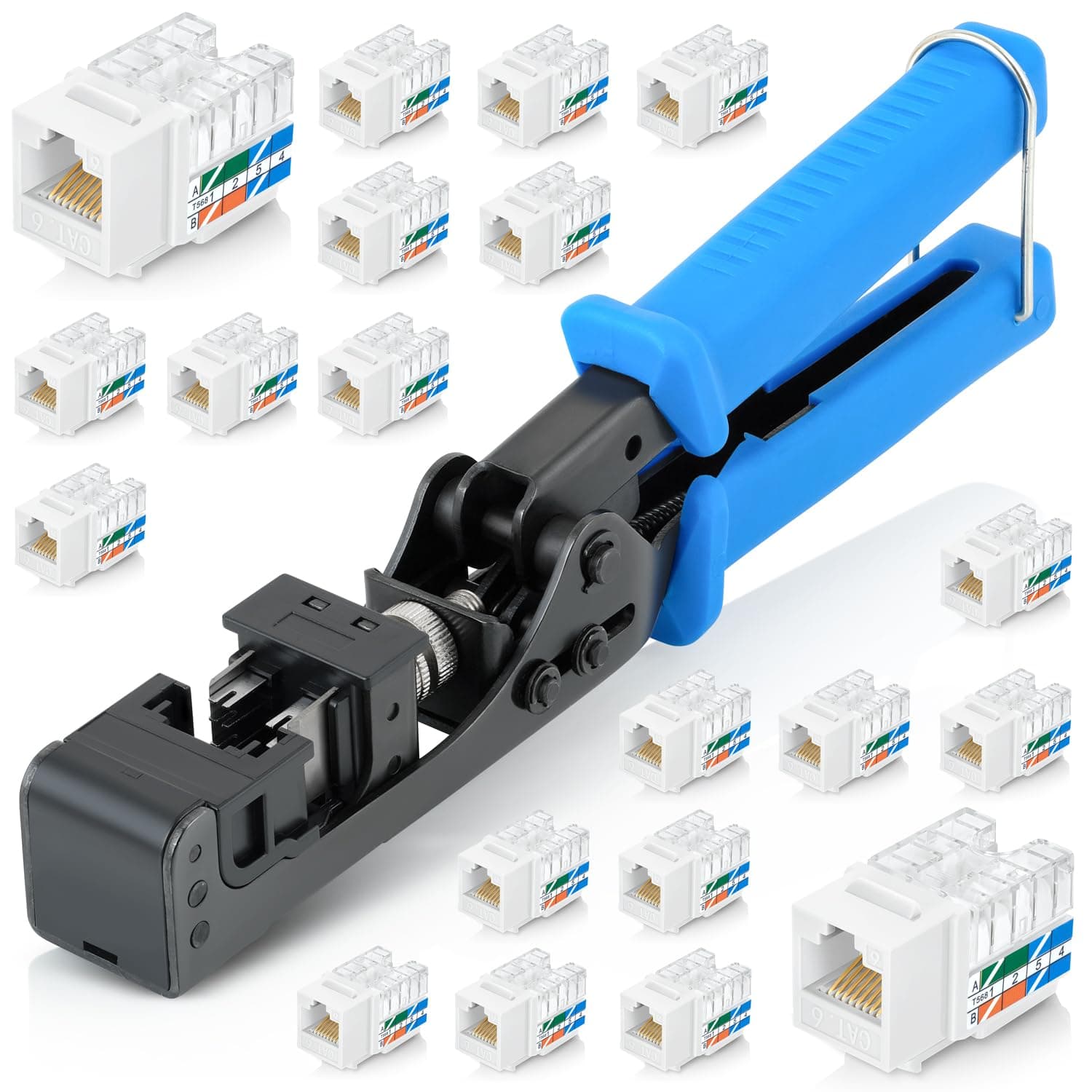 Everest easyJACK - 90° Angled Speed Termination Keystone Tool - with 20-Pack of RJ45 Cat6 Keystone Jacks in White - RJ45 Punch Down Tool Cat6, Network Punch Down Tool, Punchdown Tool Cat6
