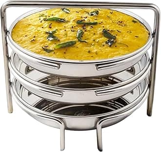 Stainless Steel Dhokla Maker & Thatte Idli Maker Stand, 3 Large Plates (19cm), 3 Wire Stand, Fits All Cookers, Ideal for Khaman Dhokla, Idli, & Thattu | Dhokla Plate for Steam Cooking