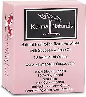 Nail Polish Remover Wipes Soybean & Rose Oil - 10 pcs Non-Toxic Nail Polish Remover Wipes - Soy Based Individually Wrapped Pads for Home & Professional Use by Karma Organic