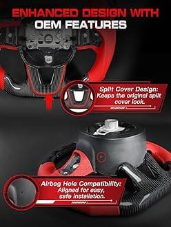 Carbon Fiber Steering Wheel for Dodge Challenger for Charger 2015-2024, Red Perforated Leather & Stitching Steering Wheel with Flat-Bottom D-Shaped Design Fits for SXT/GT/RT/SRT/for Hellcat