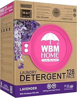 WBM 10-in-1 Laundry Detergent Pods, Fabric Softener with Lavender Extracts, High-Efficiency Laundry Pods with Powerful Stain Lifter Technology - 128 Count Bag