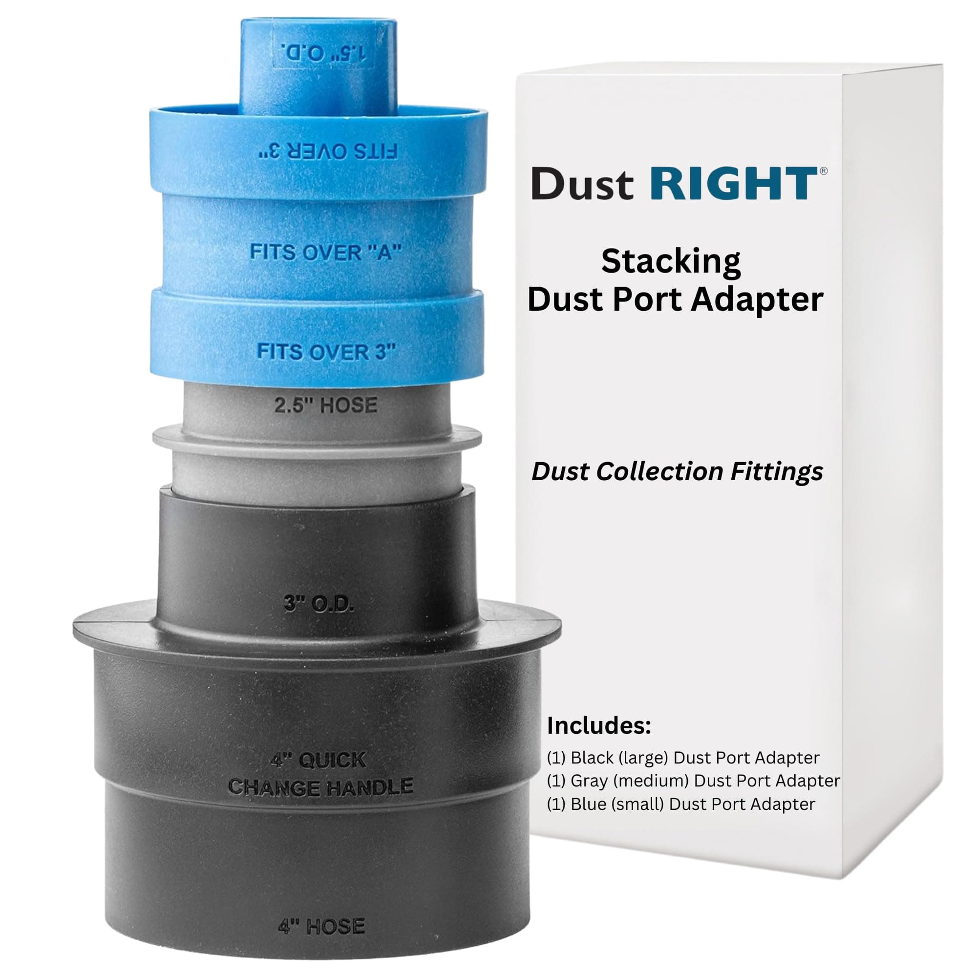 Dust Right Stacking Dust Port Adapter Set (3-Piece) – Interchangeable Vacuum Adapter for Dust Collection Hose & Tools – Glass Reinforced Polypropylene Dust Collectors for Woodworking