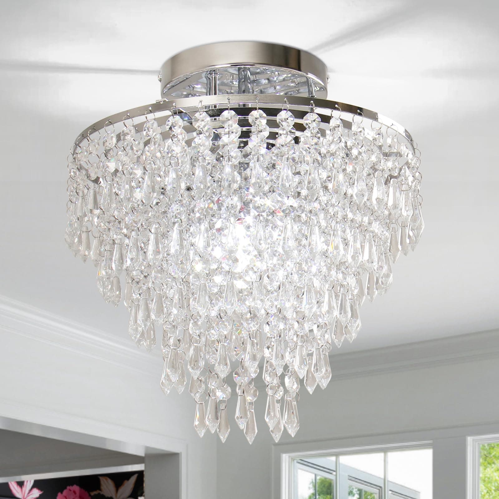 11.8" Crystal Chandelier Chrome Flush Mount Ceiling Light 5 Tiers Raindrops Silver Chandeliers for Bedroom Hallway Living Room, E26 Base