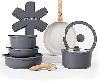 Country Kitchen Cookware Set with Removable Handle, Oven & RV Safe Pots and Pans Set, Grey/Ivory Wood Handle, Original