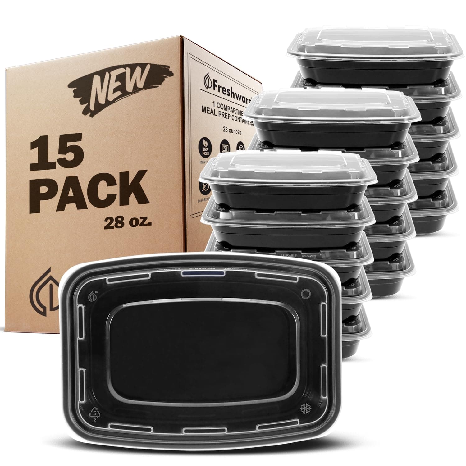 Freshware Meal Prep Containers 15 Count (Pack of 1) Compartment Food Storage Containers with Lids, Bento Box, BPA Free, Stackable, Microwave/Dishwasher/Freezer Safe (28 oz) (Color May Vary)
