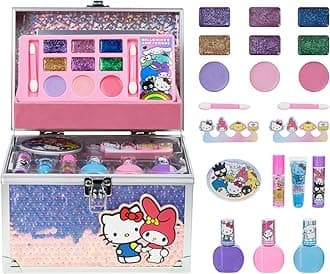 Hello Kitty & Friends - Townley Girl Train Case Makeup Set for Kids, Includes Lip Gloss, Eye Shimmer, Nail Polish, Brushes, and More! Perfect for Parties, Sleepovers, and Makeovers. Non-Toxic, Ages 3+