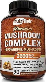 NutriFlair Mushroom Supplement 2600mg, 90 Capsules - 10 Mushrooms Blend - Reishi, Lions Mane, Cordyceps, Chaga, Turkey Tail, Maitake, Shiitake, Oyster Nootropic Complex - Brain, Energy, Focus Pills